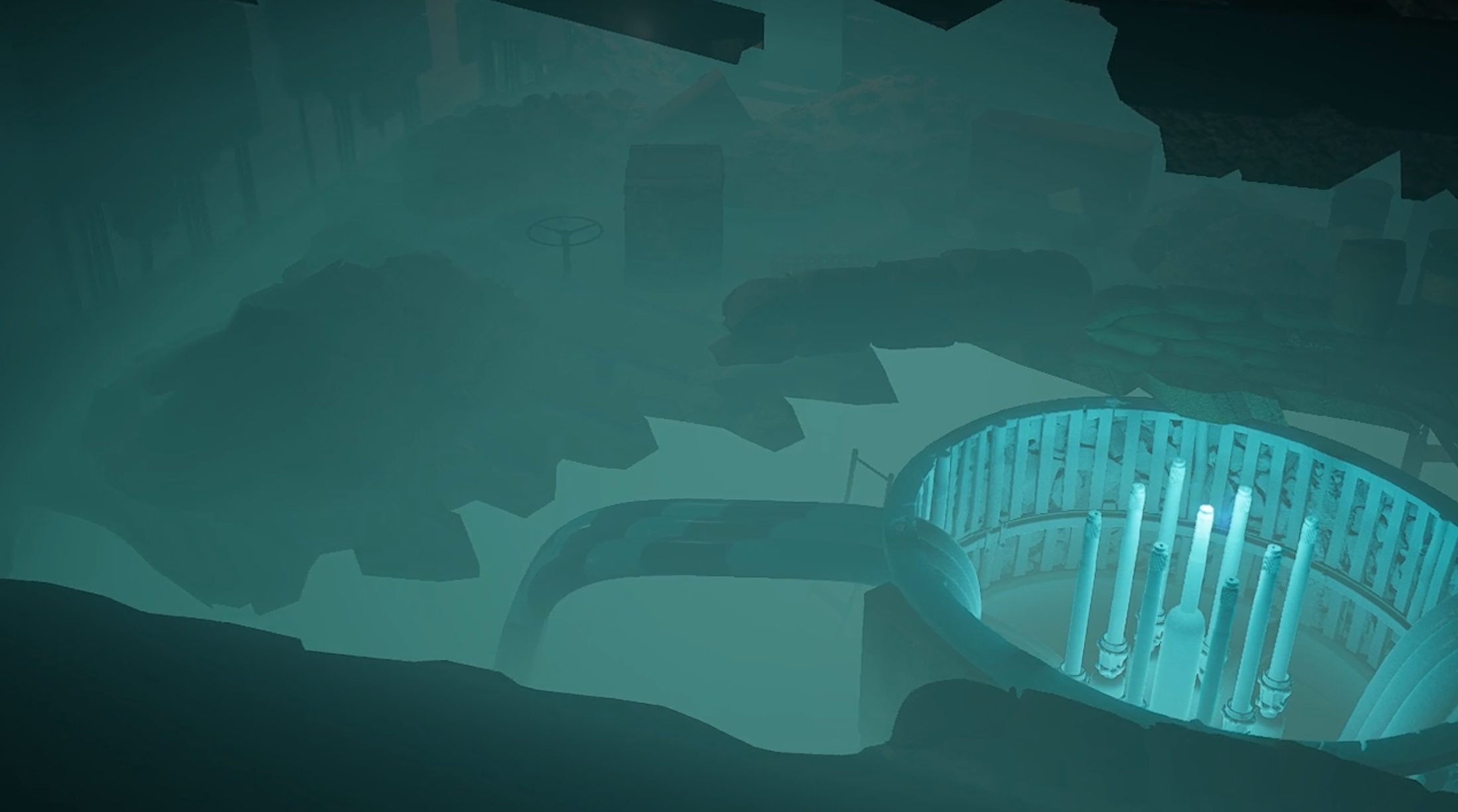 Still 01 interior in collapse, fractured beams and blue radiation glow